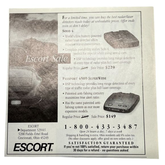 Escort Solo 4 Print Ad First Battery Powered Laser Radar Detector Cincinnati OH - Picture 1 of 5